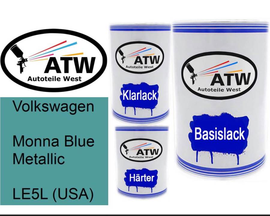 Volkswagen, Monna Blue Metallic, LE5L (USA): 500ml Lackdose + 500ml Klarlack + 250ml Härter - Set, von ATW Autoteile West.